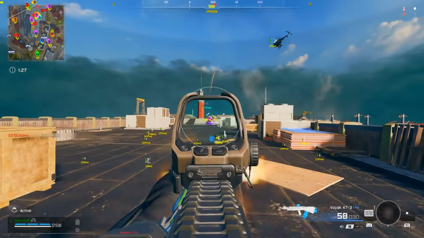 Warzone cheat ESP with player boxes and skeleton overlay in Verdansk